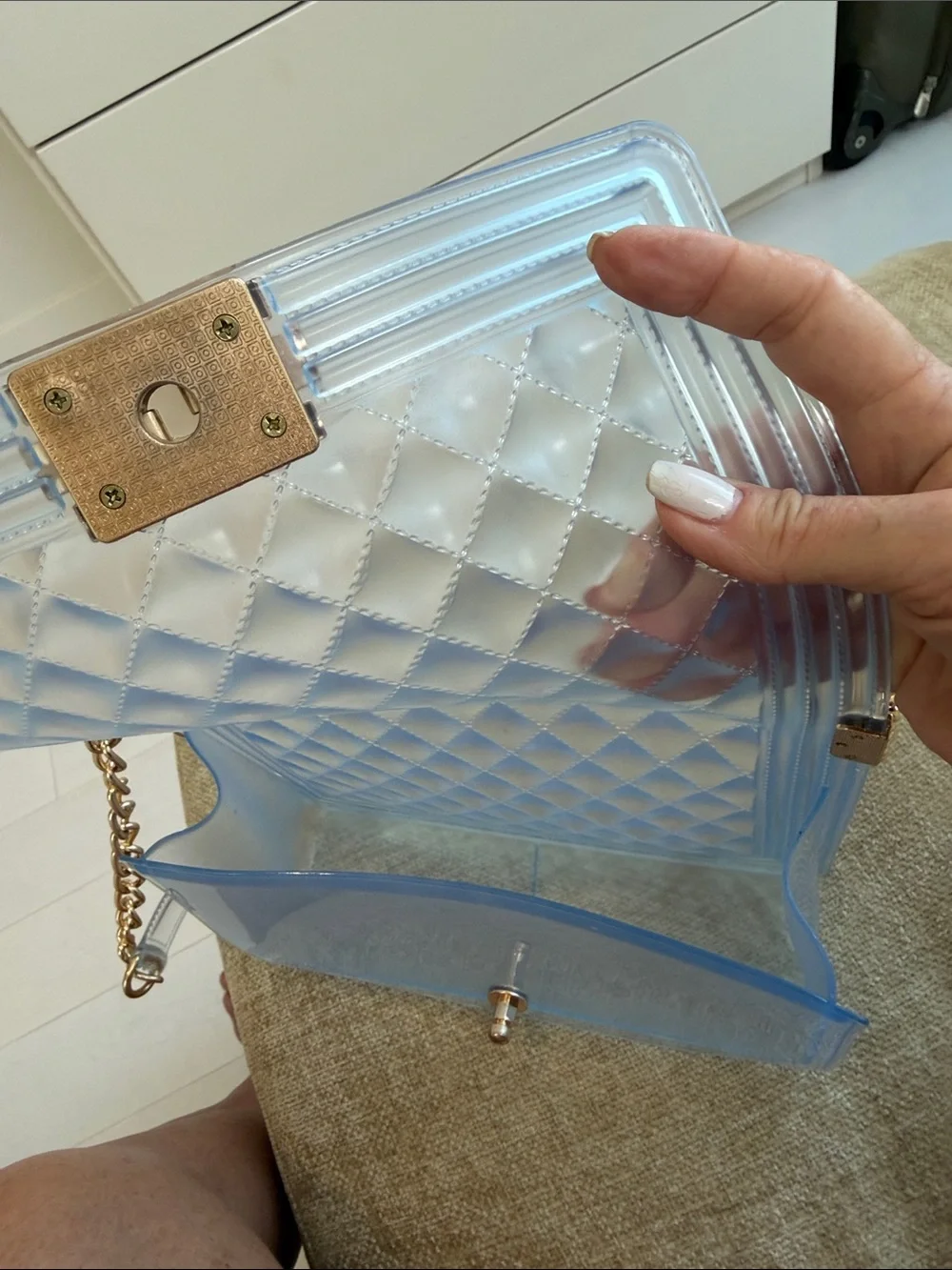 Clear Quilted Stadium Shoulder Bag with Gold Accents